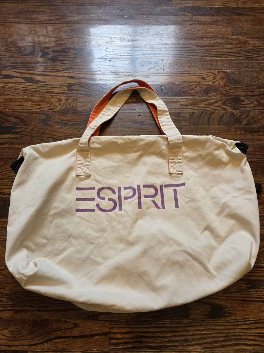 Esprit Cream Canvas Tote/duffel Bag with Purple Logo And Orange Handles
